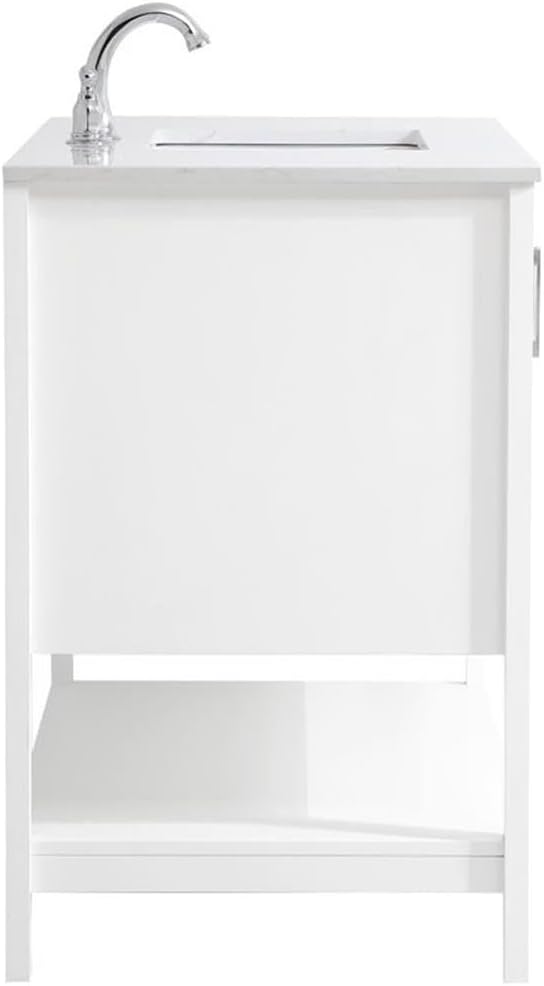 Pemberly Row Traditional 42' Bathroom Vanity, White Finish, Quartz Top with Undermount Porcelain Sink, Solid Wood and MDF Construction, Free-Standing, Storage Cabinet and Bottom Shelf, Brushed Nickel