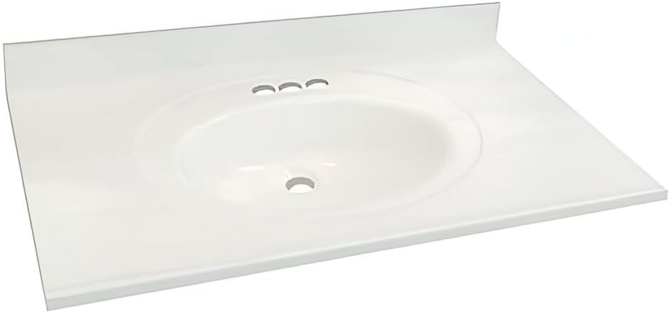 Transolid 1409-7721 Cultured Marble Vanity Top with an Oval Shaped Bowl, 22-in L x 37-in W x 0.5-in H, White on White