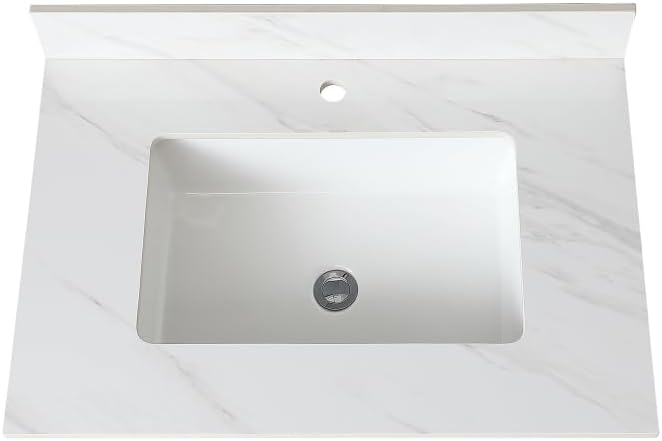 31''W x 22''D Vanity Top, Marble Quartz Bathroom Sink Vanity Top, Sintered Stone Bathroom Vanity with Undermount Ceramic Sink, Bathroom Vanity Sink Countertop, 1 Faucet Hole, White Grey Carra