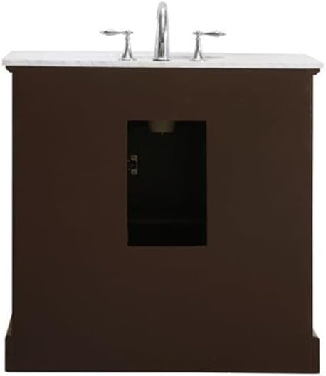 Pemberly Row Contemporary 36' Wood Bathroom Vanity, Brown Teak Finish, Italian Carrara Marble Top, Oval Porcelain Undermount Sink, 3 Drawers, 2 Doors, Freestanding Design for Home or Office Bathrooms