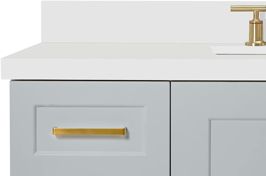 ARIEL Taylor 48-inch Bathroom Vanity with Sink,Solid Wood, 1.5-inch Pure White Quartz Countertop, Single Rectangular Porcelain Sink, 2 Soft Closing Doors, 9 Dovetail Drawers, Satin Brass, Grey