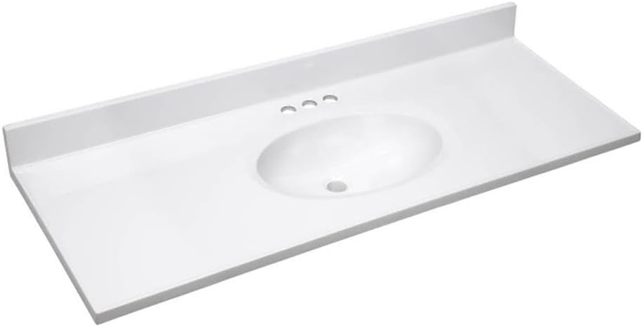 BOWERY HILL Cultured Marble Single Bowl Vanity Top, 49x19, Solid White Finish, Oval Sink, Pre-Drilled 4' Faucet Holes, Integrated Backsplash, Modern Bathroom Countertop