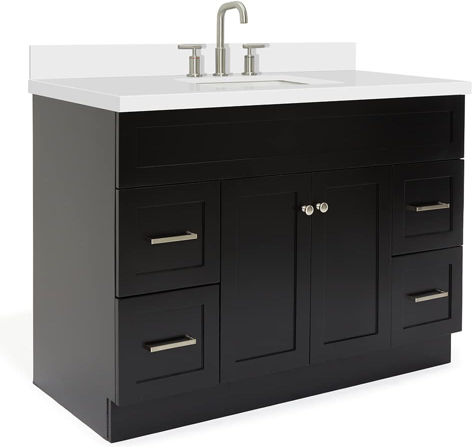 ARIEL Hamlet 48-inch Bathroom Vanity with Sink,Solid Wood, 1.5-inch Pure White Quartz Countertop & Backsplash, Single Rectangular Porcelain Sink, 2 Soft Closing Doors, 4 Dovetail Drawers, Black