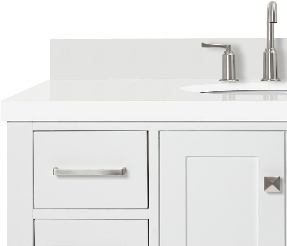 DKB Beckford 42-Inch White Bathroom Vanity with Sink, 1.5' Quartz Countertop & Backsplash, Undermount Oval Sink, 2 Soft Closing Doors & 9 Drawers, Satin Brass Hardware, Solid Wood Construction