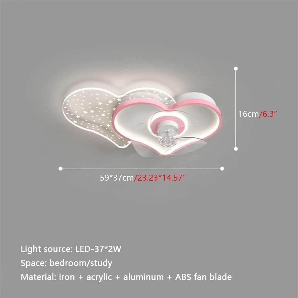 PAYAER Cute Pink Heart Ceiling Fan with Light, Modern LED Dimmable Flush Mount Chandelier for Girl's Bedroom, Kid's Room, Study, Nursery Decor, 59x37cm