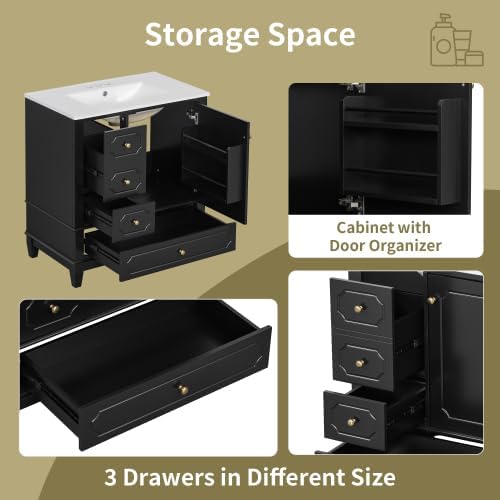 Bellemave 30' Bathroom Vanity with Ceramic Sink & 3 Drawers, Bathroom Cabinet with Storage Shelves & Solid Wood Base, Freestanding Vanity Cabinet with Soft-Close Door with Organizer (Black/30)