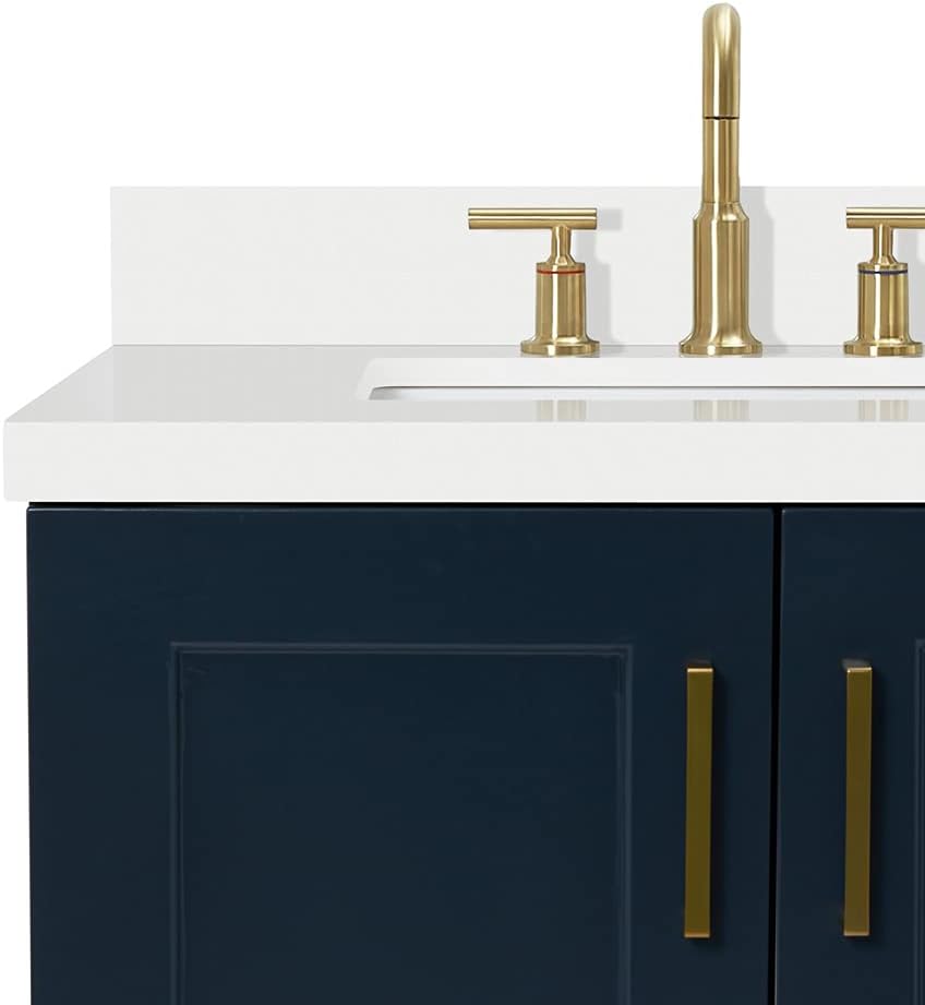 ARIEL Taylor 42-inch Bathroom Vanity with Sink,Solid Wood, 1.5-inch Pure White Quartz Countertop, Single Rectangular Porcelain Sink, 2 Soft Closing Doors, 5 Dovetail Drawers, Midnight Blue