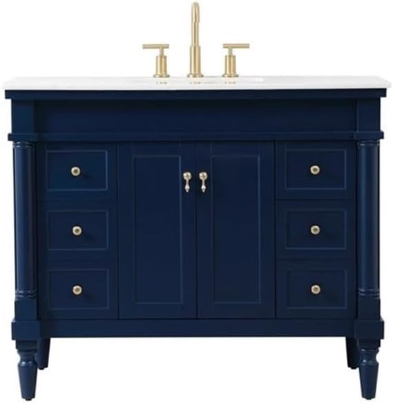 Pemberly Row Traditional 42' Solid Wood Bathroom Vanity, Blue Finish, Off White Marble Top, Porcelain Sink, 6 Soft Closing Drawers, Gold Hardware, Rectangle Design for Bathroom or Powder Room