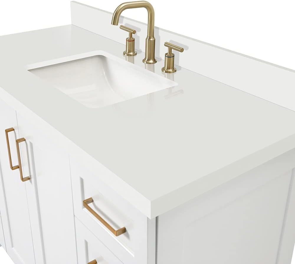 ARIEL Taylor 48-inch Bathroom Vanity with Sink,Solid Wood, 1.5-inch Pure White Quartz Countertop & Backsplash, Single Rectangular Porcelain Sink, 2 Soft Closing Doors, 9 Dovetail Drawers, White