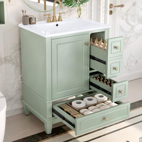 Bellemave Bathroom Vanity with Ceramic Sink & 3 Drawers, 24' Bathroom Cabinet with Storage Shelves & Solid Wood Base, Freestanding Vanity Cabinet with Organizer (Light Green/24)