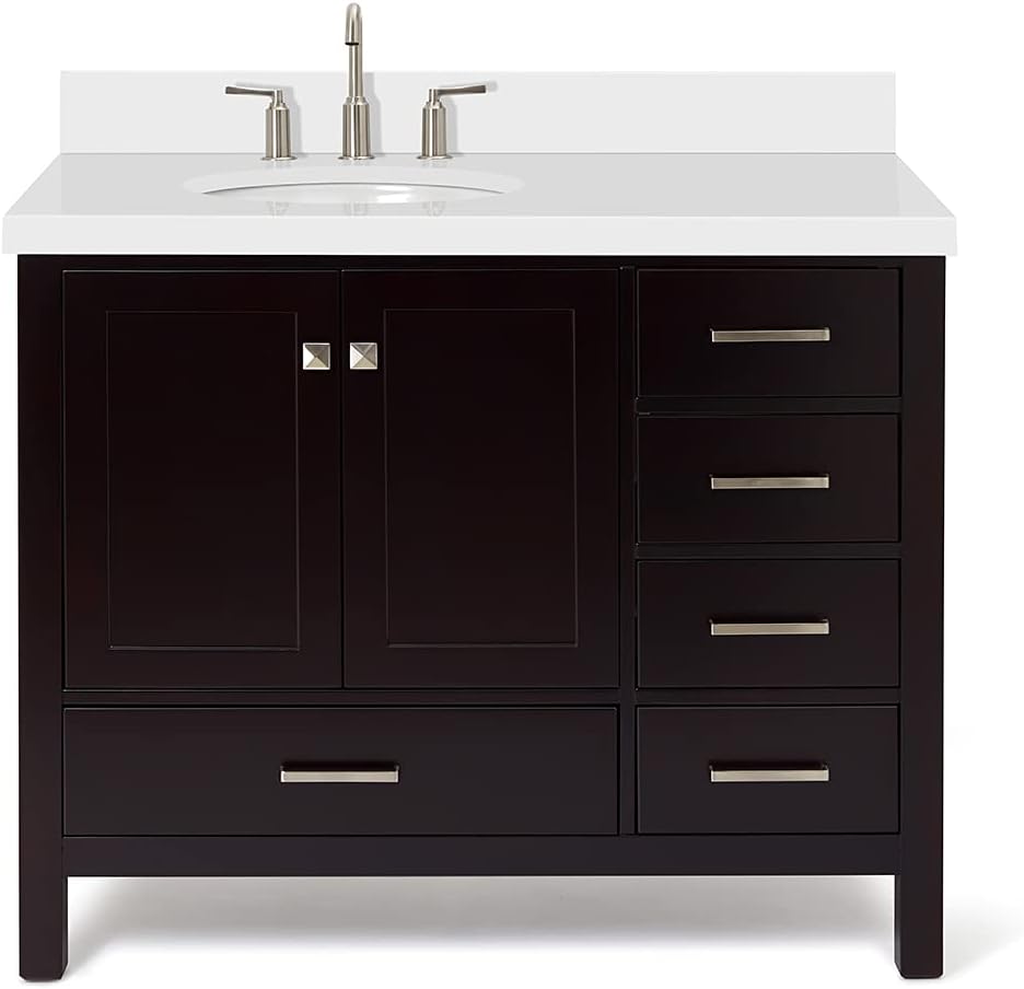 ARIEL Cambridge 42-inch Bathroom Vanity with Sink,Solid Wood, 1.5-inch Pure White Quartz Countertop & Backsplash, Single Oval Porcelain Sink, 2 Soft Closing Doors, 5 Dovetail Drawers, Espresso