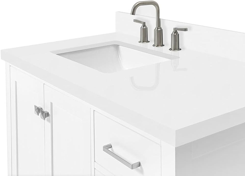 DKB Beckford 42-Inch White Bathroom Vanity with 1.5-Inch Edge Pure White Quartz Countertop & Backsplash, Left Offset Rectangular Sink, 2 Soft Close Doors, 5 Dovetail Drawers, Brushed Nickel