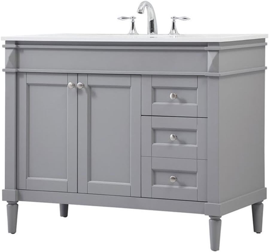 Pemberly Row 42' Aluminum MDF Bathroom Vanity, Gray Finish, Quartz Countertop in Ivory White, Rectangular Sink, Soft Close Hinges and Glides, 2-Door Cabinet, Modern Transitional Style for Bathroom Use