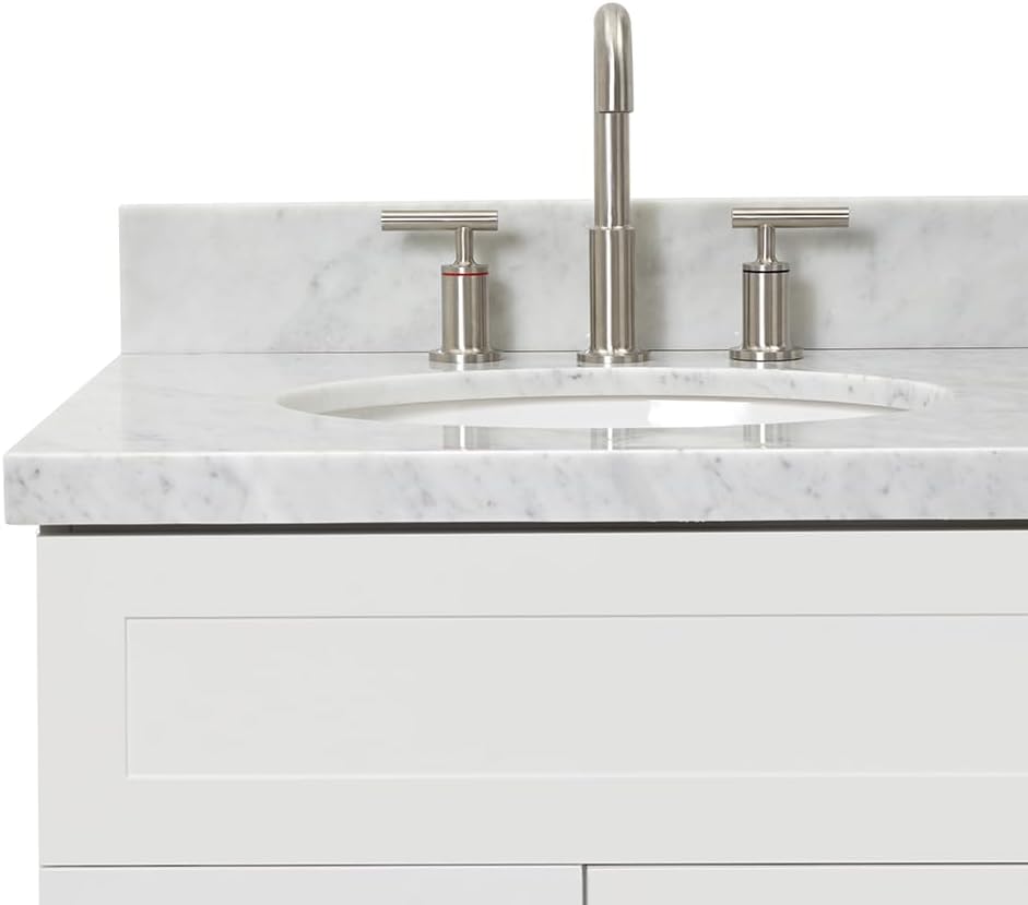 DKB Bradford 36' White Single Bathroom Vanity with Sink, 1.5' Edge Italian Carrara Marble Countertop, Oval Sink, Solid Wood Frame, 2 Soft Closing Doors, 2 Dovetail Drawers, Satin Brass