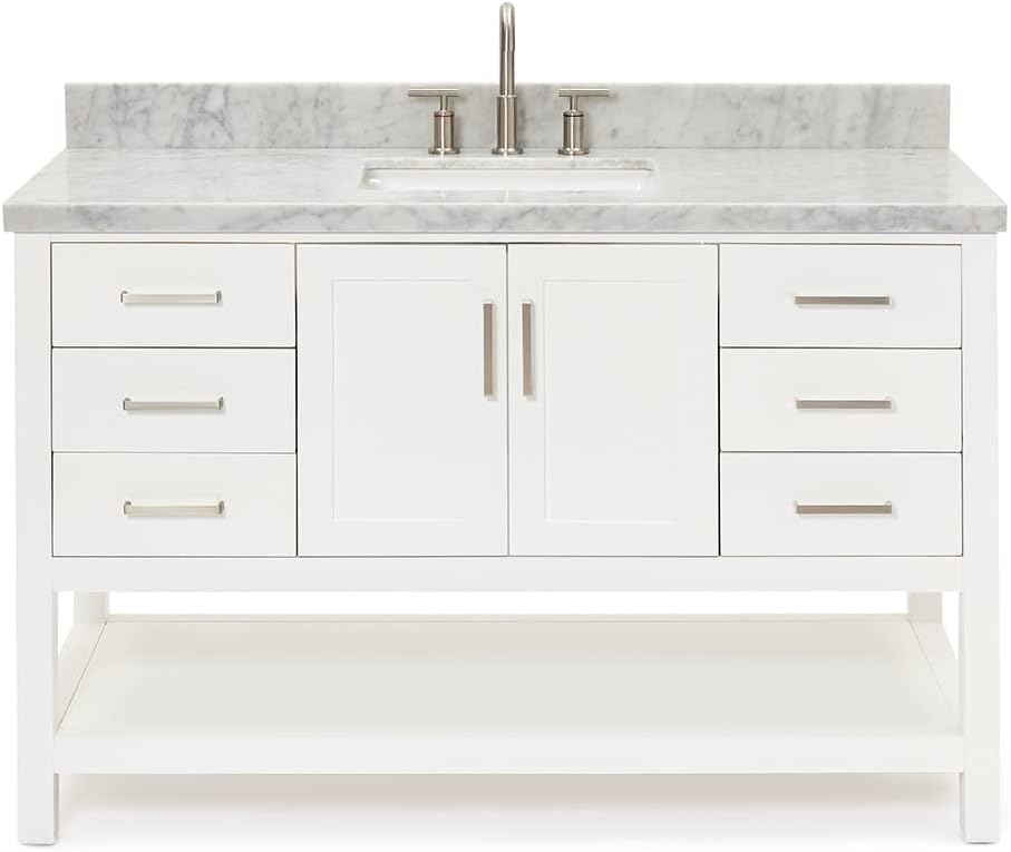 ARIEL Magnolia 54-inch Bathroom Vanity with Sink,Solid Wood, 1.5-inch Italian Carrara Marble Countertop, Single Rectangular Porcelain Sink, Soft Closing Doors, Dovetail Drawers, White
