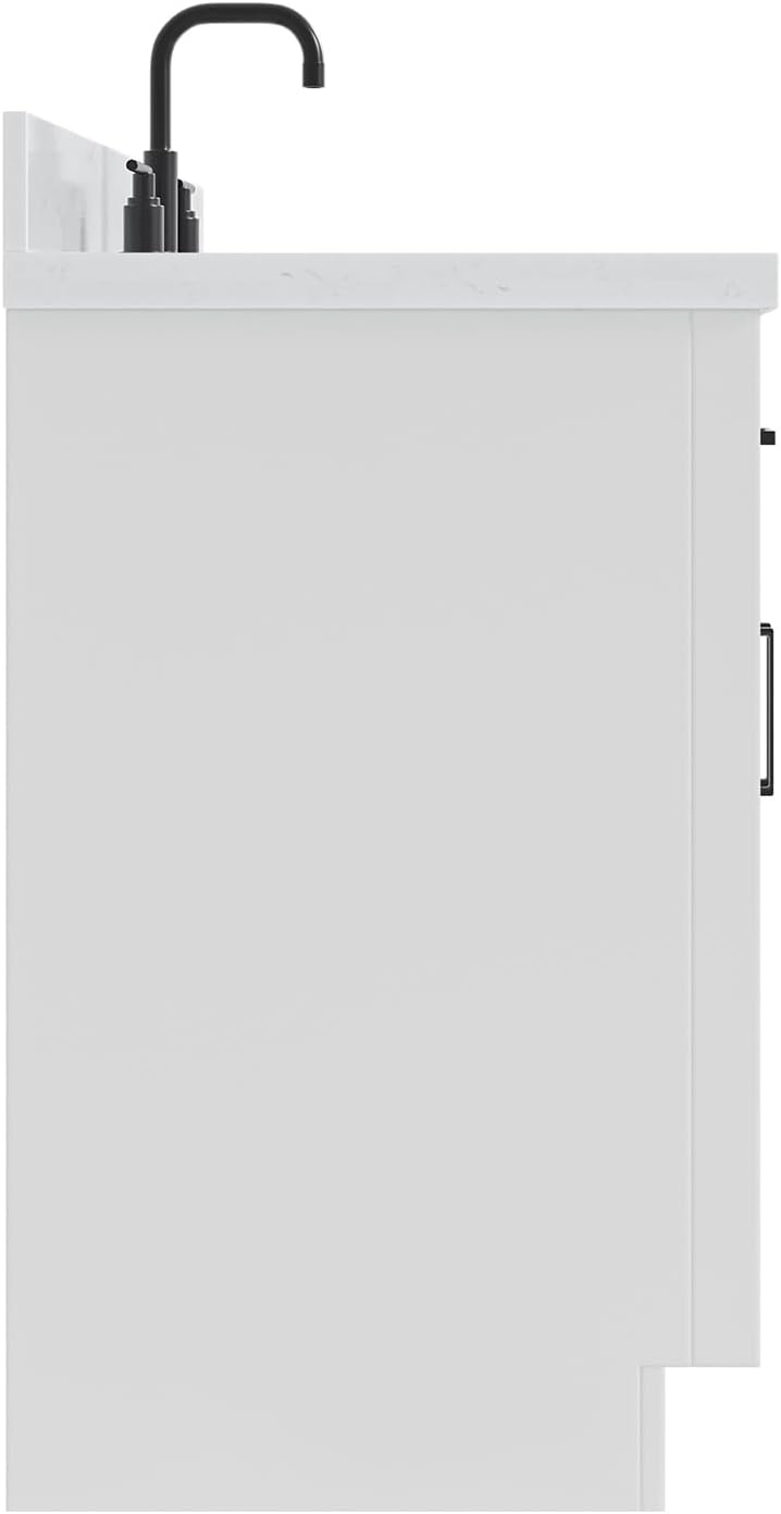 ARIEL Hepburn 66-inch Bathroom Vanity with Sink,Solid Wood, 1.5-inch Carrara White Quartz Countertop & Backsplash, Single Oval Porcelain Sink, 2 Soft Closing Doors, 9 Dovetail Drawers, White