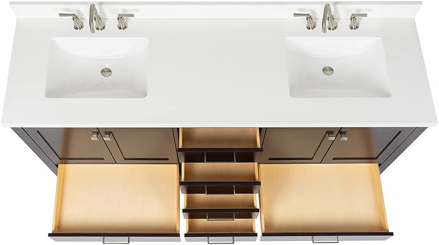 DKB Beckford 72 Inch Bathroom Vanity Double Sink — Espresso Bathroom Vanity with Sink, 1.5' Edge Pure White Quartz Countertop & Backsplash, 4 Soft-Close Doors, 6 Dovetail Drawers