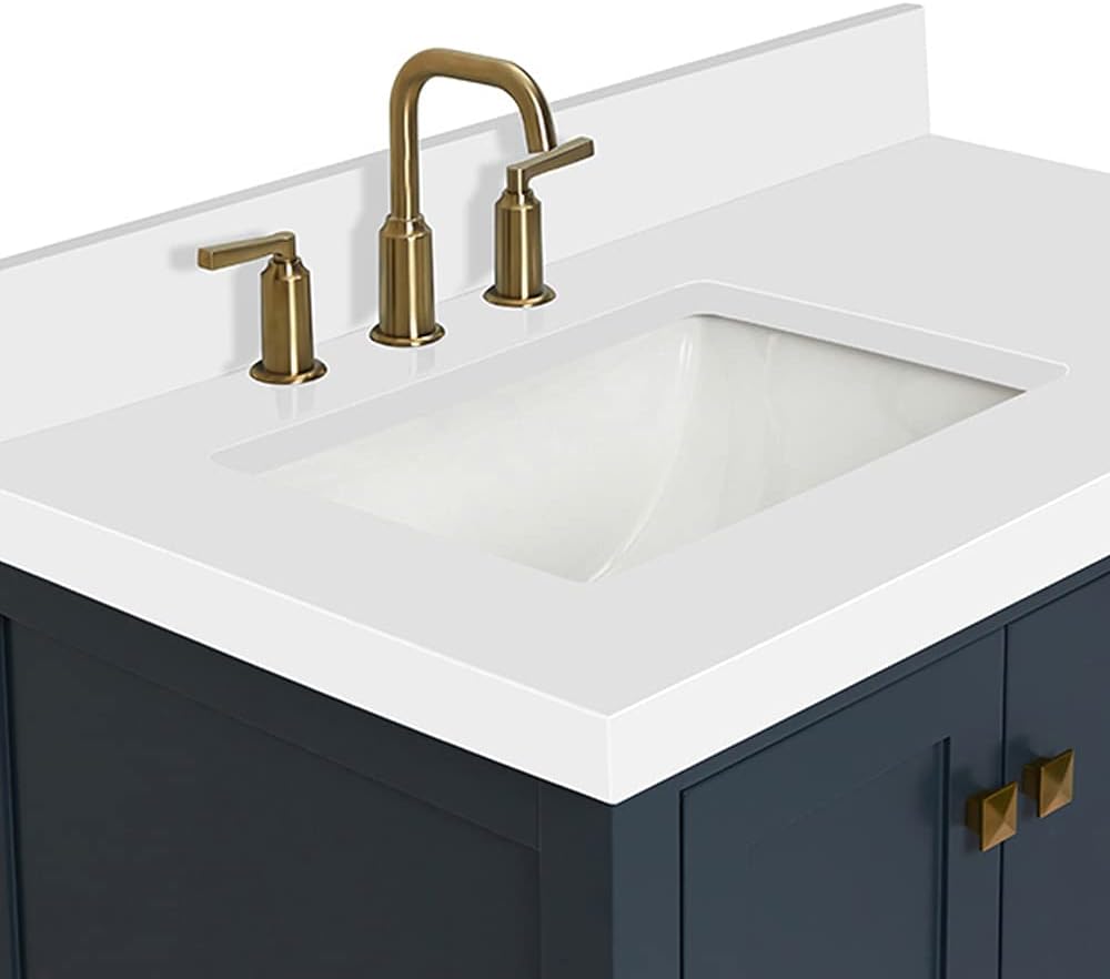 ARIEL Cambridge 36-inch Bathroom Vanity with Sink,Solid Wood, 1.5-inch Pure White Quartz Countertop, Single Rectangular Porcelain Sink, 2 Soft Closing Doors, 5 Dovetail Drawers, Midnight Blue
