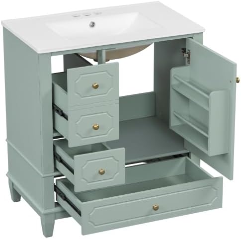 Bellemave 30' Bathroom Vanity with Ceramic Sink & 3 Drawers, Bathroom Cabinet with Storage Shelves & Solid Wood Base, Freestanding Vanity Cabinet with Soft-Close Door with Organizer (Light Green/30)