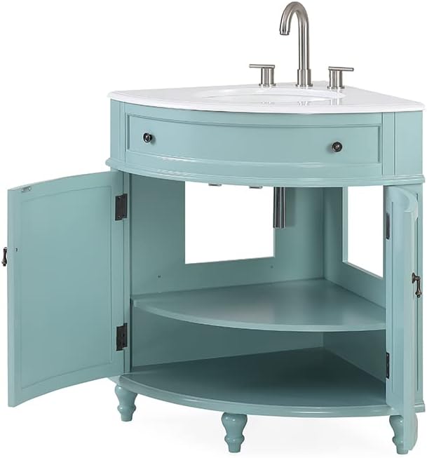 Tennant Brand 24 inch Triadsville Small Corner Bathroom Vanity with Sink and White Quartz top (Light Blue)