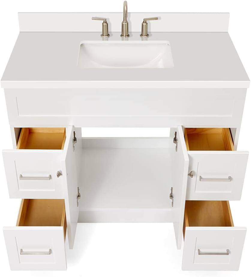 ARIEL Hamlet 42-inch Bathroom Vanity with Sink,Solid Wood, 1.5-inch Pure White Quartz Countertop & Backsplash, Single Oval Sink, 2 Soft Closing Doors, 4 Dovetail Drawers, White