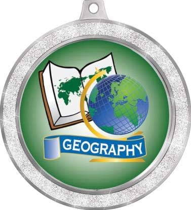 Geography Medal, 2 1/2' Silver Glitter Kids Education Medals, Great Academic Awards Prime