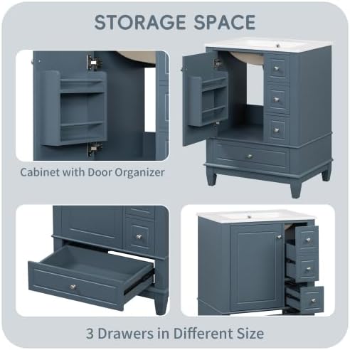 Bellemave Bathroom Vanity with Ceramic Sink & 3 Drawers, 24' Bathroom Cabinet with Storage Shelves & Solid Wood Base, Freestanding Vanity Cabinet with Organizer (Blue Gray/24)