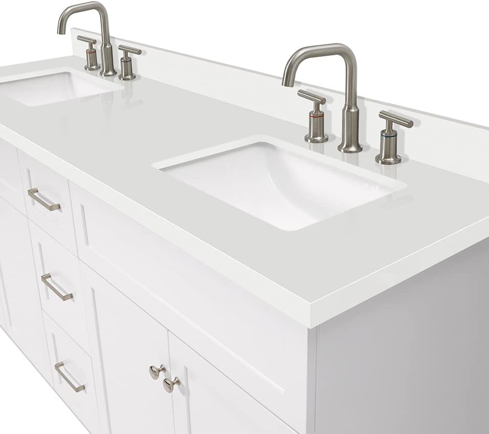 ARIEL Hamlet 72-inch Bathroom Vanity with Sink,Solid Wood, 1.5-inch Pure White Quartz Countertop & Backsplash, Double Rectangular Porcelain Sink, 4 Soft Closing Doors, 3 Dovetail Drawers, White