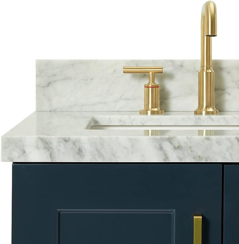 ARIEL Taylor 36-inch Bathroom Vanity with Sink,Solid Wood, 1.5-inch Italian Carrara Marble Countertop, Single Rectangular Porcelain Sink, 2 Soft Closing Doors, 5 Dovetail Drawers, Midnight Blue