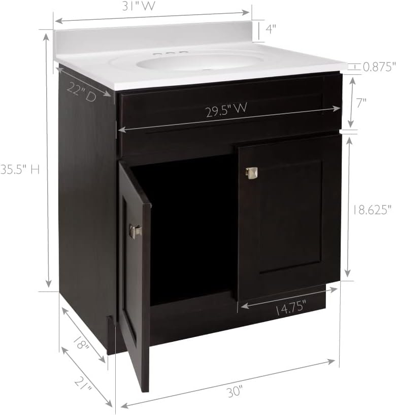 Design House Brookings 31 Inch Bathroom Vanity with Top, Ready to Assemble, Brown, 585273