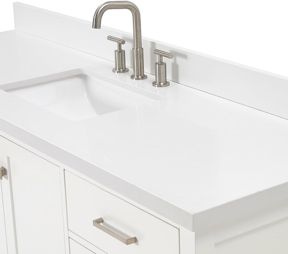 ARIEL Cambridge 66-inch Bathroom Vanity with Sink,Solid Wood, 1.5-inch Pure White Quartz Countertop & Backsplash, Single Rectangular Porcelain Sink, 2 Soft Closing Doors, 9 Dovetail Drawers, White