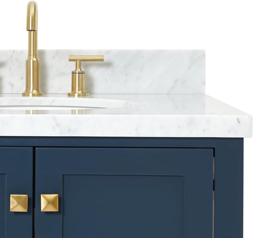 DKB Beckford 42-Inch Midnight Blue Bathroom Vanity with Single Right Oval Undermount Sink, 1.5-Inch Carrara Marble Countertop, 2 Soft-Closing Doors, 5 Dovetail Drawers, Solid Wood