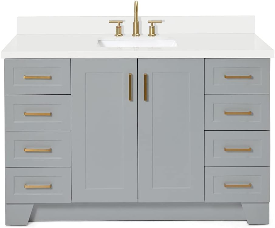 ARIEL Taylor 54-inch Bathroom Vanity with Sink,Solid Wood, 1.5-inch Pure White Quartz Countertop & Backsplash, Single Rectangular Porcelain Sink, 2 Soft Closing Doors, 9 Dovetail Drawers, Grey