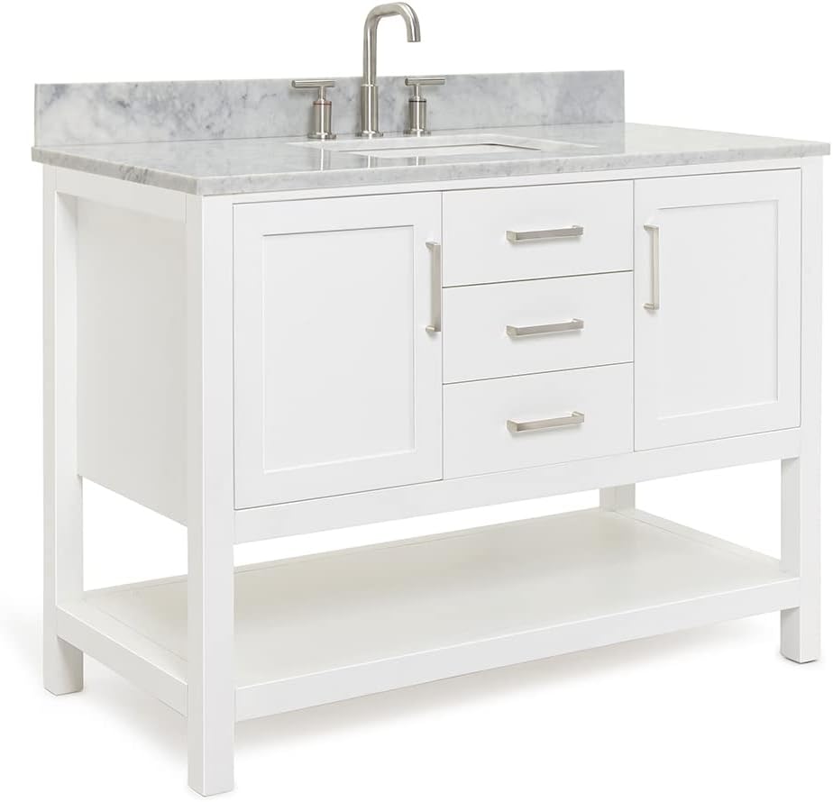 ARIEL Bayhill 48-inch Bathroom Vanity with Sink,Solid Wood, 0.75-inch Italian Carrara Marble Countertop, Single Rectangular Porcelain Sink, 2 Soft Closing Doors, 2 Dovetail Drawers, White
