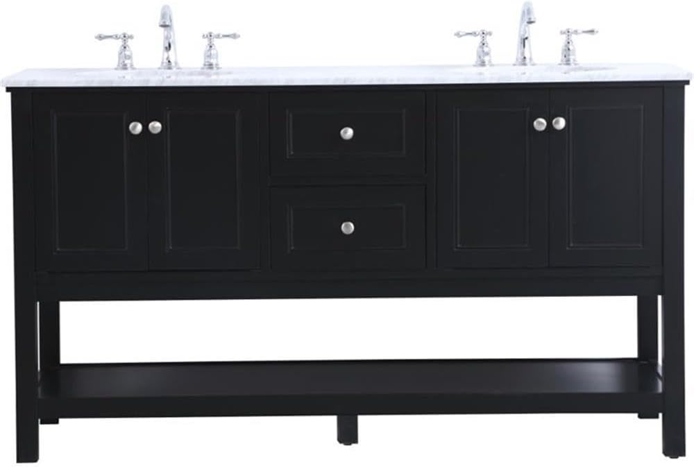 Pemberly Row 60' Double Sink Bathroom Vanity, Solid Poplar Wood, Black Finish, Carrara White Marble Top, 33.75' H x 60' W x 22' D, Two Drawers, Two Cabinets, Soft Close, Contemporary Freestanding