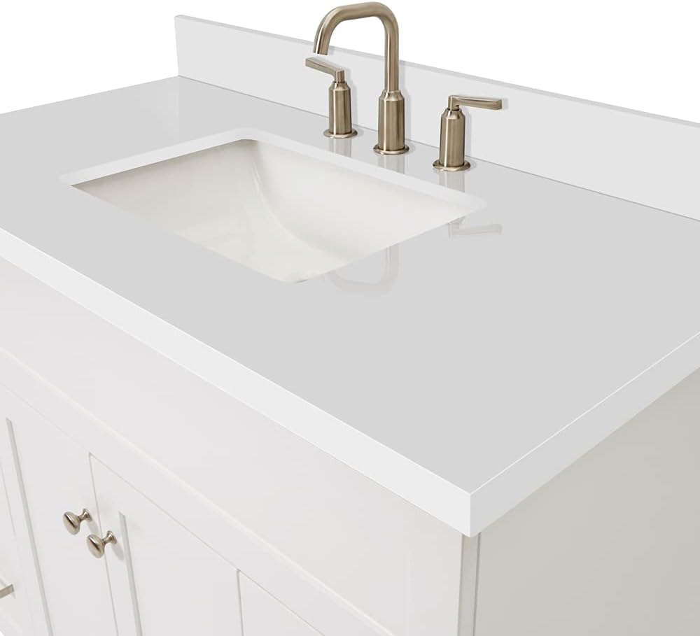 ARIEL Hamlet 42-inch Bathroom Vanity with Sink,Solid Wood, 1.5-inch Pure White Quartz Countertop & Backsplash, Single Oval Sink, 2 Soft Closing Doors, 4 Dovetail Drawers, White