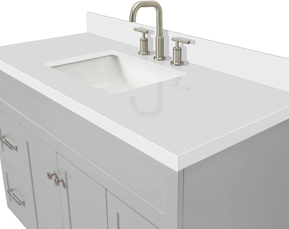 ARIEL Hamlet 48-inch Bathroom Vanity with Sink,Solid Wood, 1.5-inch Pure White Quartz Countertop & Backsplash, Single Rectangular Porcelain Sink, 2 Soft Closing Doors, 4 Dovetail Drawers, Grey