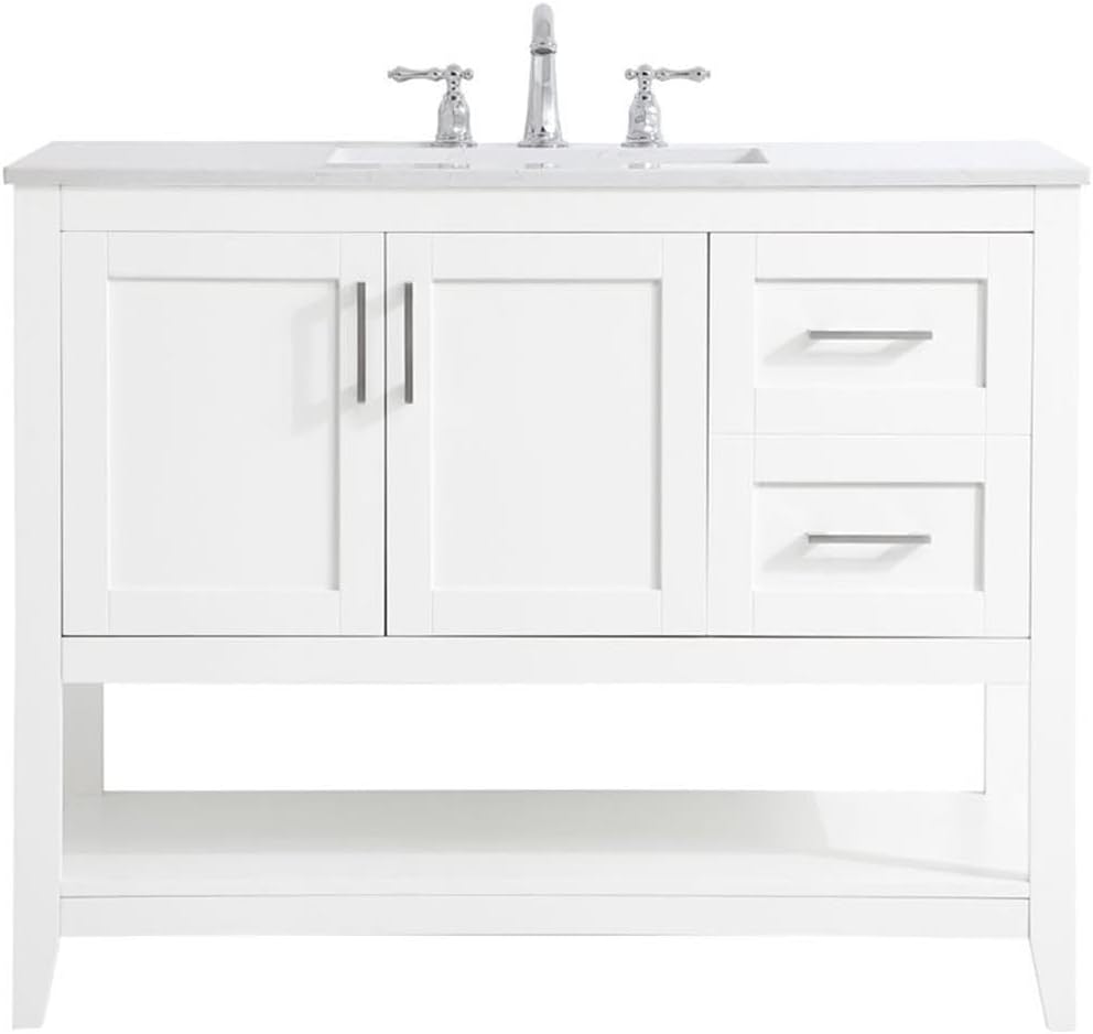 Pemberly Row Traditional 42' Bathroom Vanity, White Finish, Quartz Top with Undermount Porcelain Sink, Solid Wood and MDF Construction, Free-Standing, Storage Cabinet and Bottom Shelf, Brushed Nickel