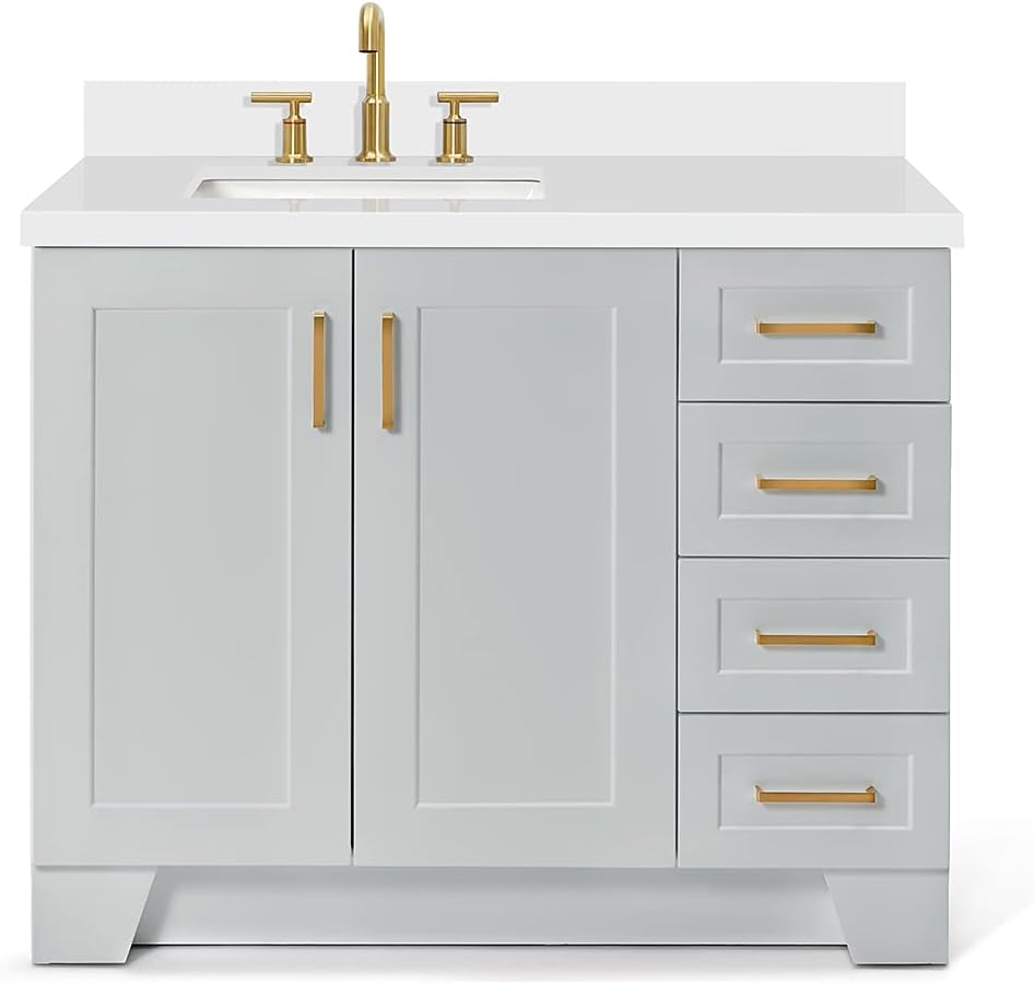 ARIEL Taylor 42-inch Bathroom Vanity with Sink,Solid Wood, 1.5-inch Pure White Quartz Countertop & Backsplash, Single Rectangular Porcelain Sink, 2 Soft Closing Doors, 5 Dovetail Drawers, Grey