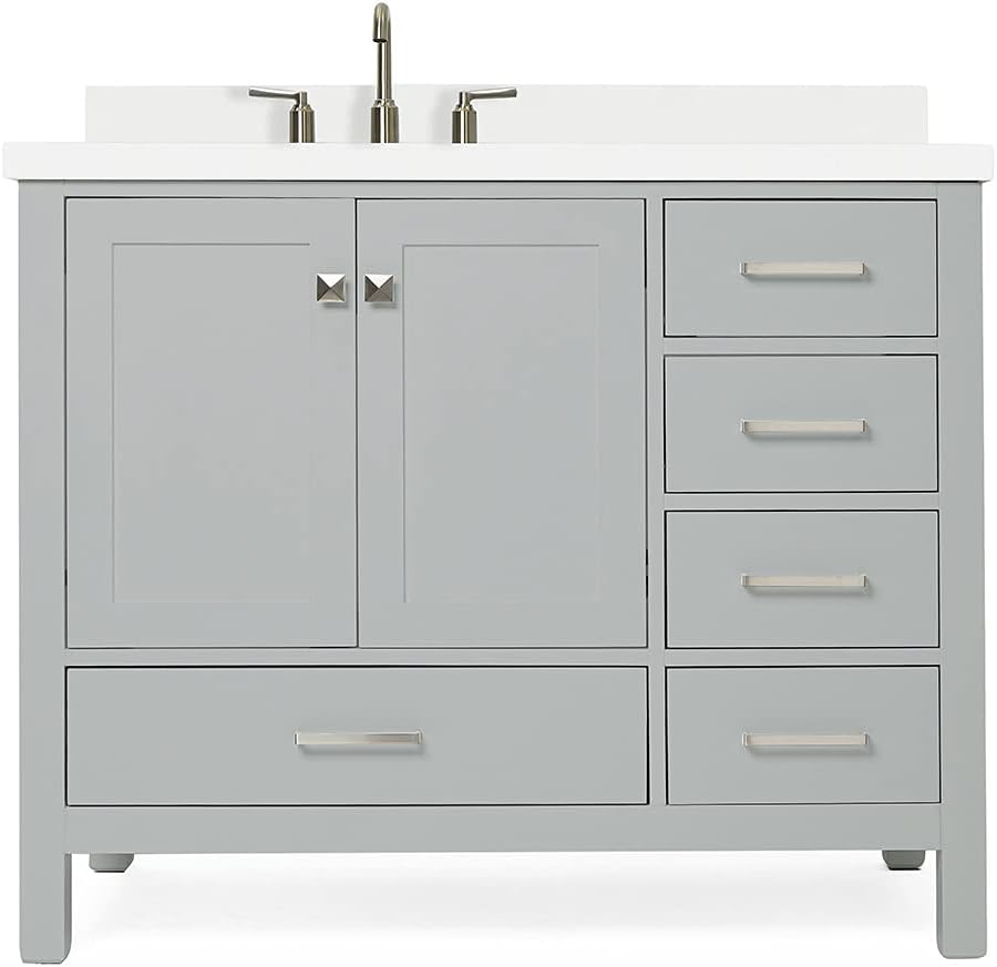 ARIEL Cambridge 42-inch Bathroom Vanity with Sink,Solid Wood, 1.5-inch Pure White Quartz Countertop & Backsplash, Single Oval Porcelain Sink, 2 Soft Closing Doors, 5 Dovetail Drawers, Grey