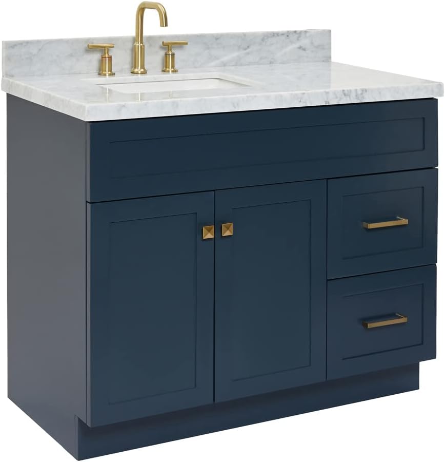 DKB Bradford 42' Midnight Blue Single Bathroom Vanity with Sink, 1.5' Italian Carrara Marble Countertop, Solid Wood, Rectangular Undermount Sink, Soft Closing Doors & Dovetail Drawers, Brushed Nickel
