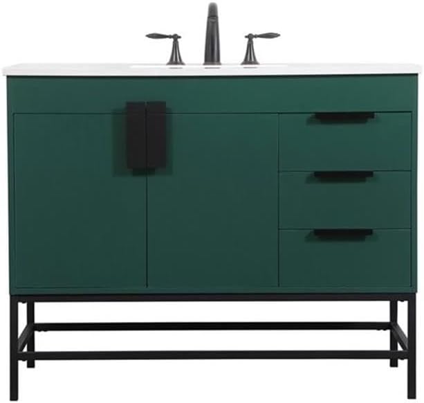 Pemberly Row 42' Aluminum MDF Single Bathroom Vanity, Green Finish, Quartz Top with Porcelain Sink, Rectangle Shape, Soft Closing Drawers and Cabinet, Powder-Coated Metal Legs, Modern Bathroom