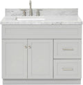 ARIEL 36-Inch Grey Bathroom Vanity with Sink, Solid Wood Base, 1.5-Inch Edge Italian Carrara Marble Top, Left Rectangular Sink, 2 Soft-Close Doors, 5 Drawers
