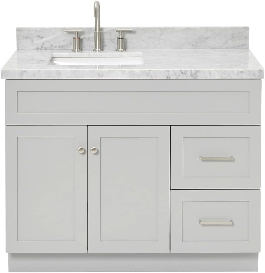 ARIEL 36-Inch Grey Bathroom Vanity with Sink, Solid Wood Base, 1.5-Inch Edge Italian Carrara Marble Top, Left Rectangular Sink, 2 Soft-Close Doors, 5 Drawers
