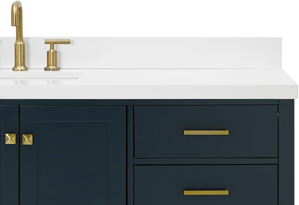 ARIEL Cambridge 66-inch Bathroom Vanity with Sink,Solid Wood, 1.5-inch Pure White Quartz Countertop, Single Rectangular Porcelain Sink, 2 Soft Closing Doors, 9 Dovetail Drawers, Midnight Blue