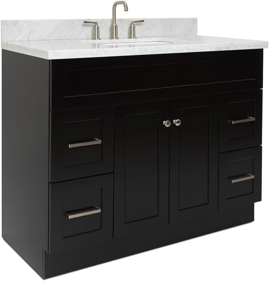 ARIEL 42' White Bathroom Vanity with Sink, 1.5' Edge Italian Carrara Marble Countertop, Rectangular Sink, 2 Soft Closing Doors, 4 Dovetail Drawers, Brushed Nickel