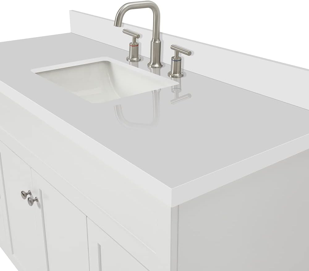 ARIEL Hamlet 54-inch Bathroom Vanity with Sink,Solid Wood, 1.5-inch Pure White Quartz Countertop & Backsplash, Single Rectangular Porcelain Sink, 2 Soft Closing Doors, 4 Dovetail Drawers, White