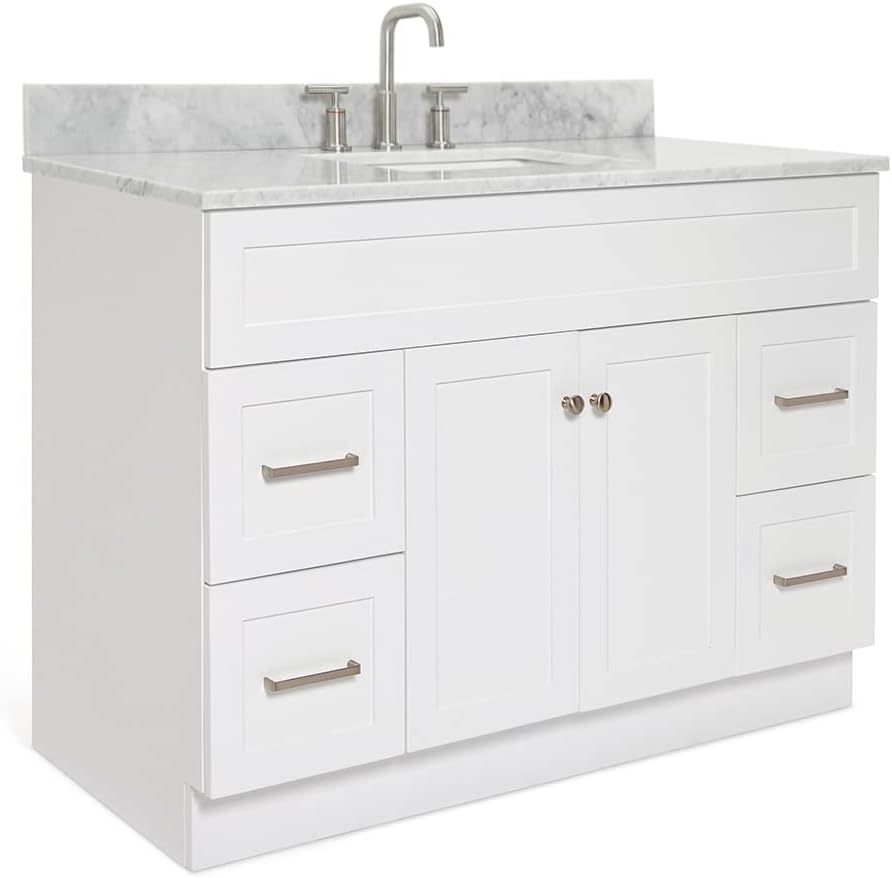 ARIEL Hamlet 48-inch Bathroom Vanity with Sink,Solid Wood, 0.75-inch Italian Carrara Marble Countertop, Single Rectangular Porcelain Sink, Soft Closing Doors, Dovetail Drawers, White