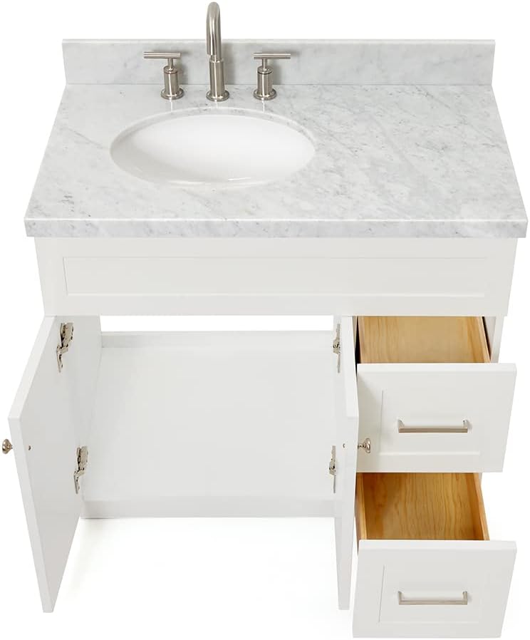 DKB Bradford 36' White Single Bathroom Vanity with Sink, 1.5' Edge Italian Carrara Marble Countertop, Oval Sink, Solid Wood Frame, 2 Soft Closing Doors, 2 Dovetail Drawers, Satin Brass