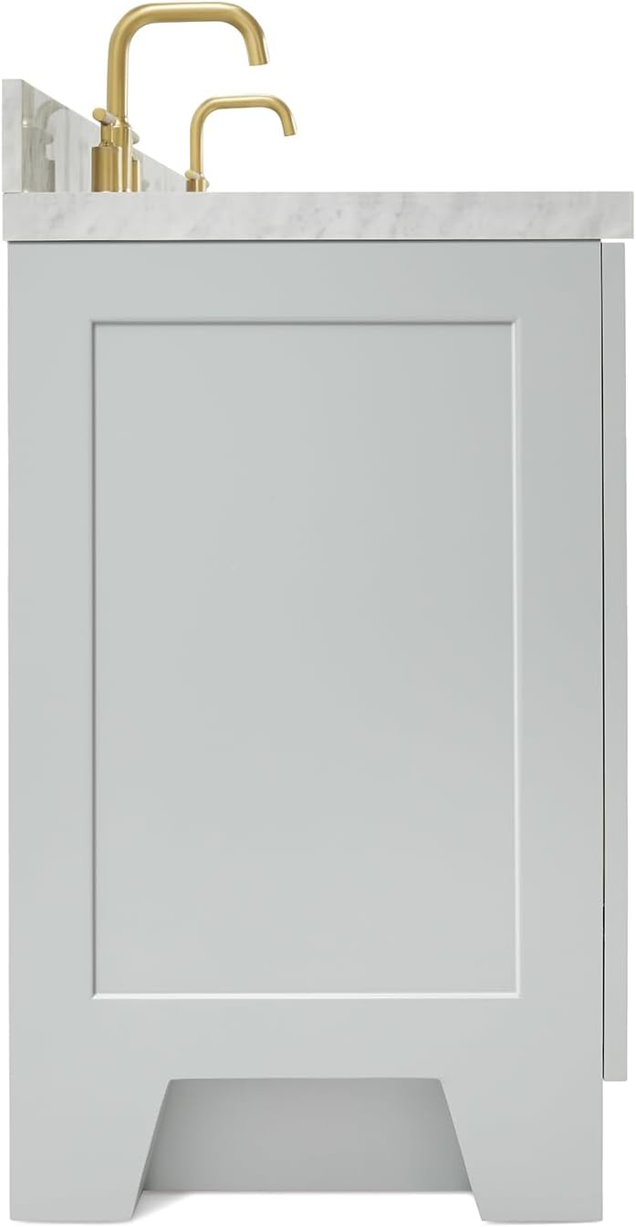 ARIEL Taylor 66-inch Bathroom Vanity with Sink,Solid Wood, 1.5-inch Italian Carrara Marble Countertop & Backsplash, Double Oval Porcelain Sink, 4 Soft Closing Doors, 5 Dovetail Drawers, Grey